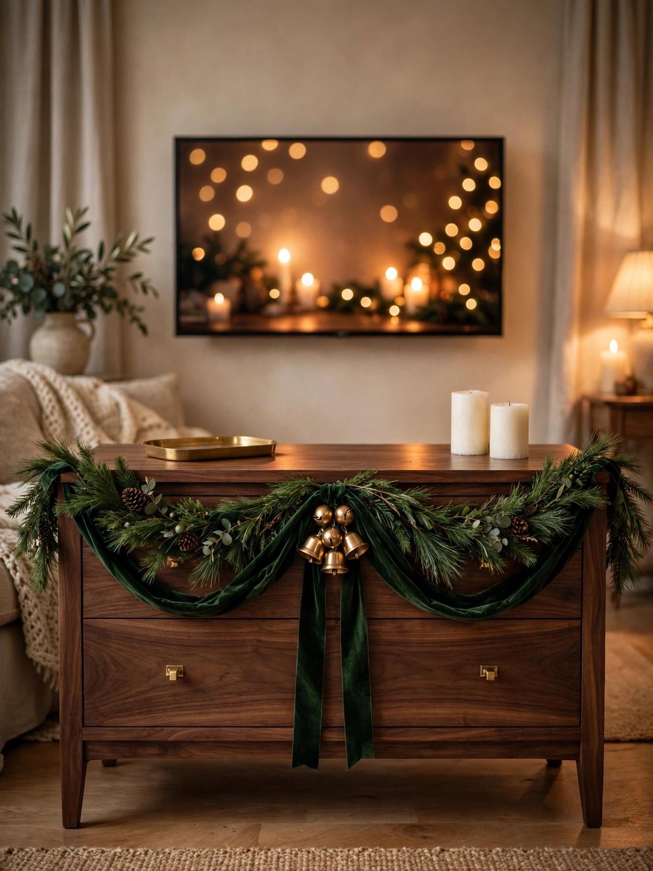 Walnut TV console with deep green velvet ribbon and pine garland swagged across its front, an elegant tv stand christmas decor ideas 2026 swag