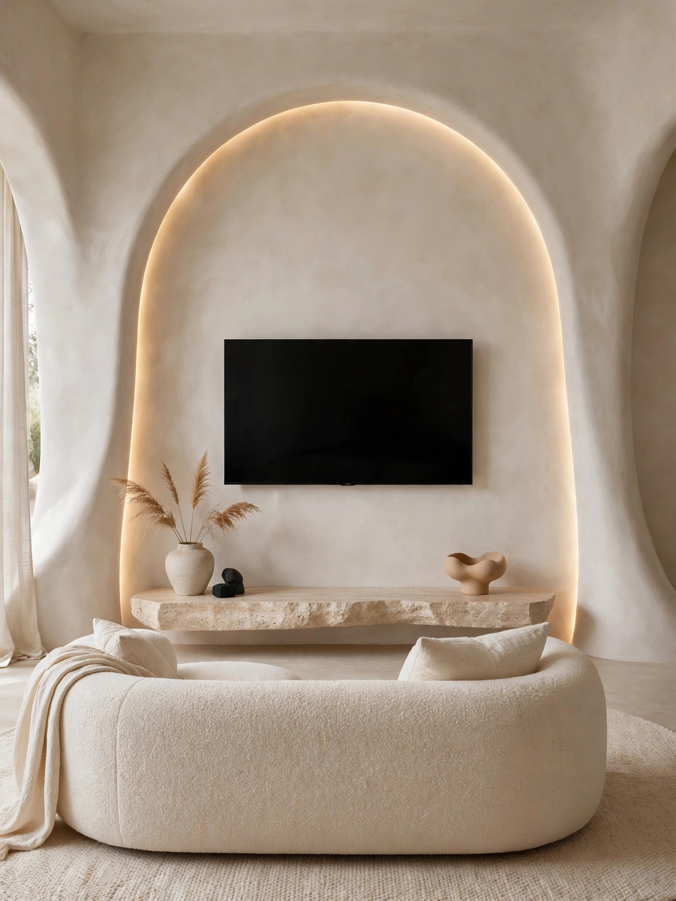 TV with asymmetrically arranged floating shelves holding plants and art, creative tv wall ideas