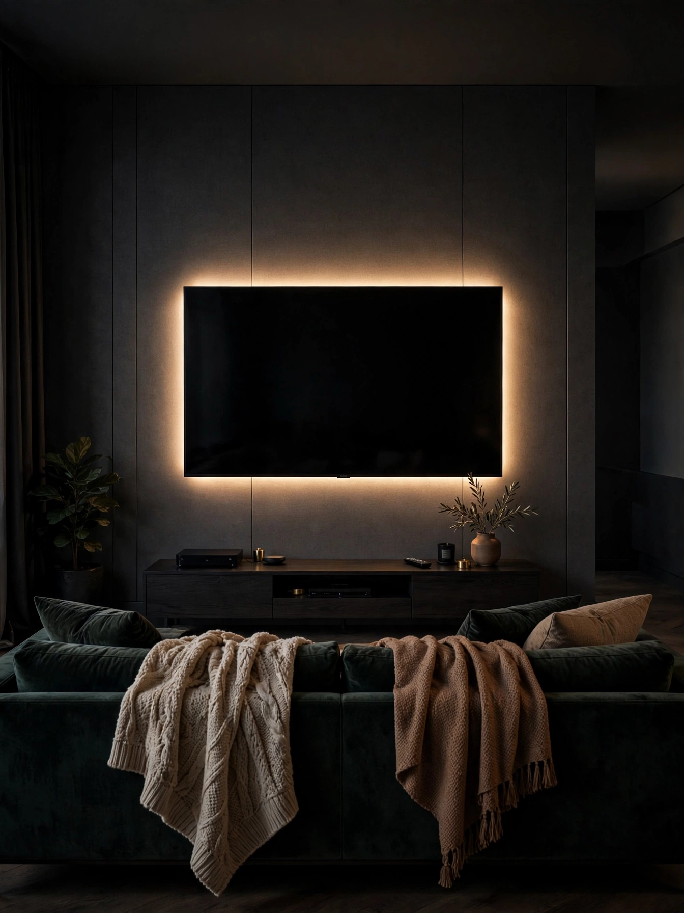 Wall-mounted screen with warm bias LED backlighting glowing in a darkened room, immersive tv wall ideas