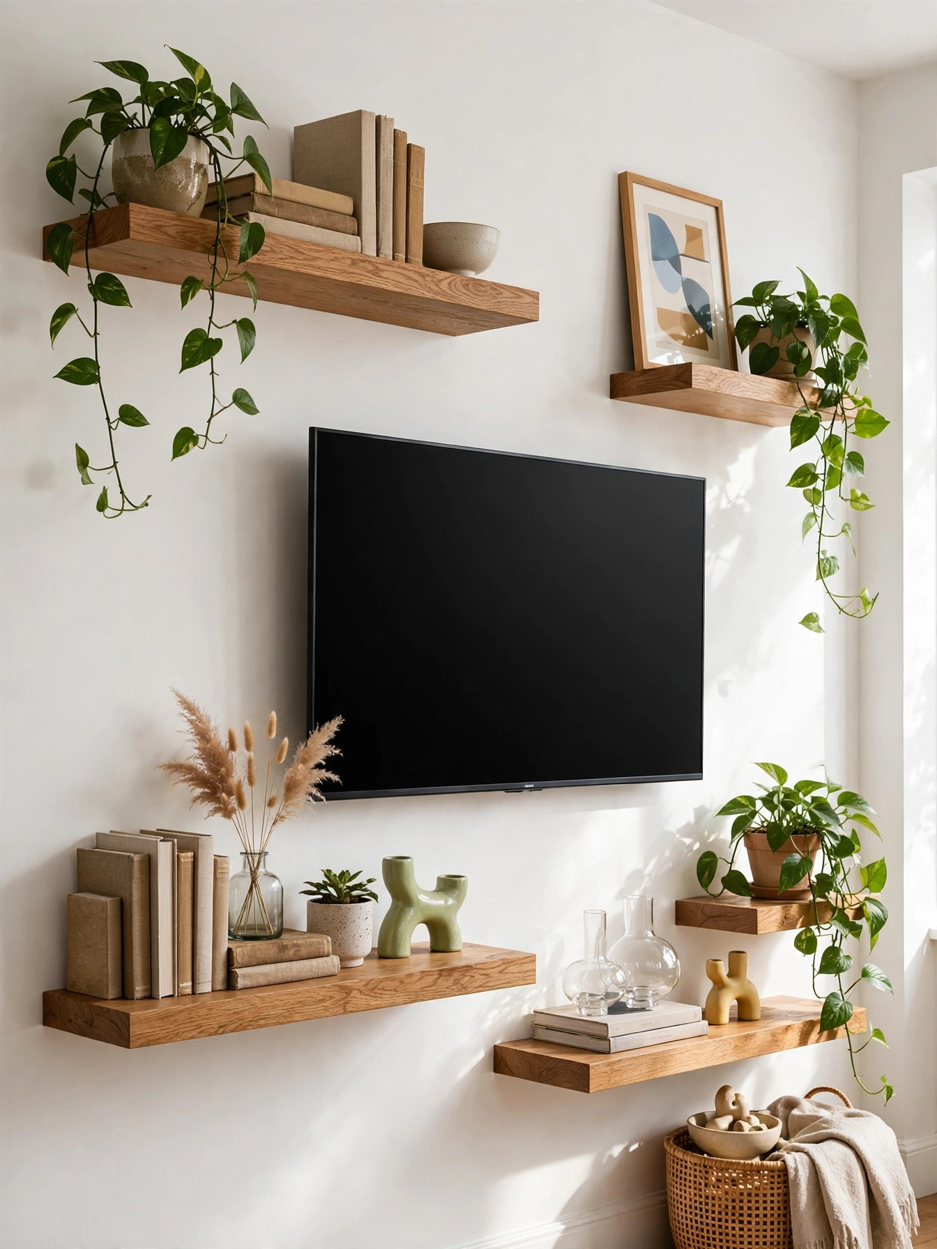 TV on a whitewashed brick veneer wall with a reclaimed wood beam, cozy tv wall ideas