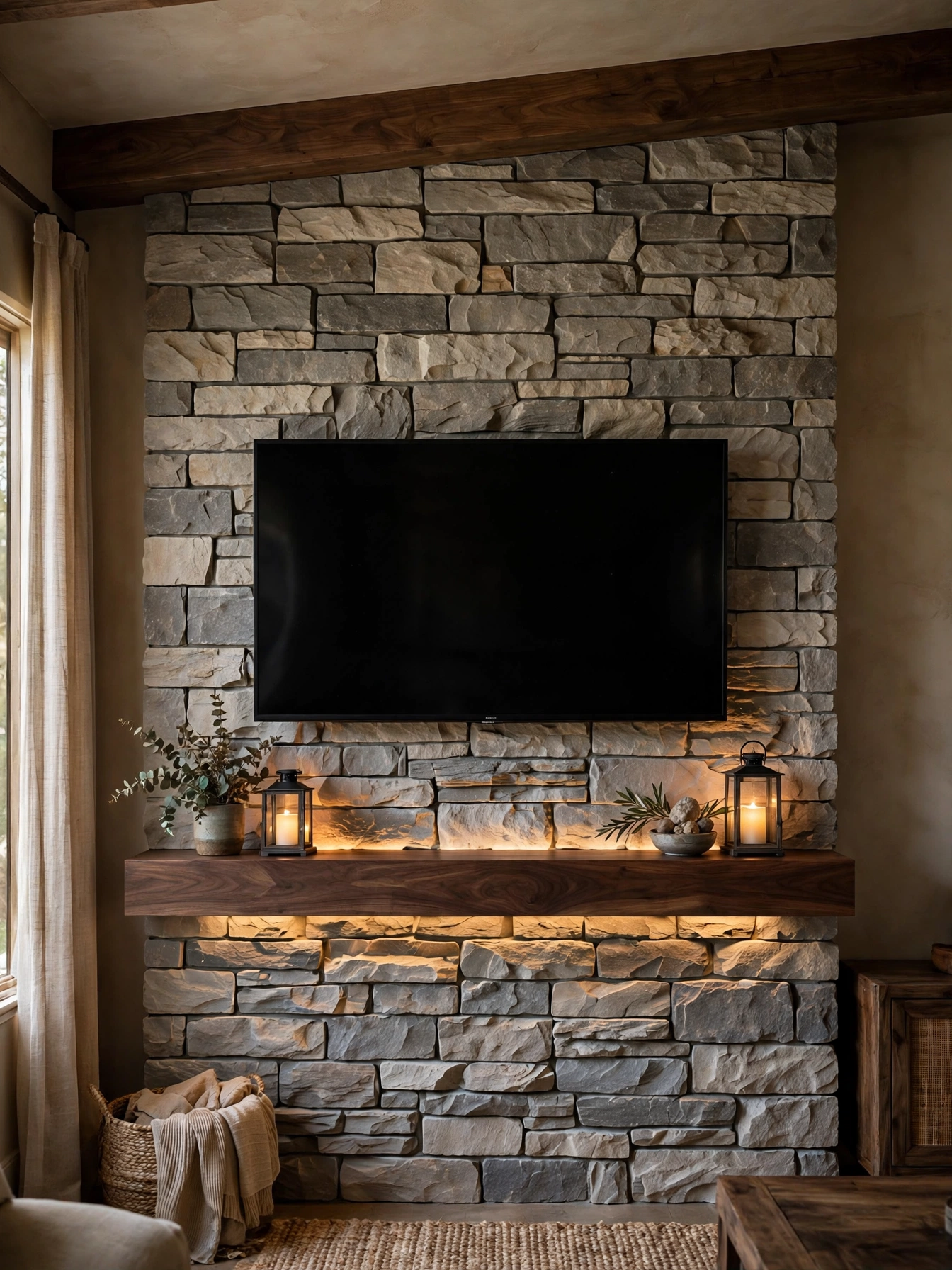 TV on a dark charcoal wall with brass sconces and a leather sofa, cinematic tv wall ideas