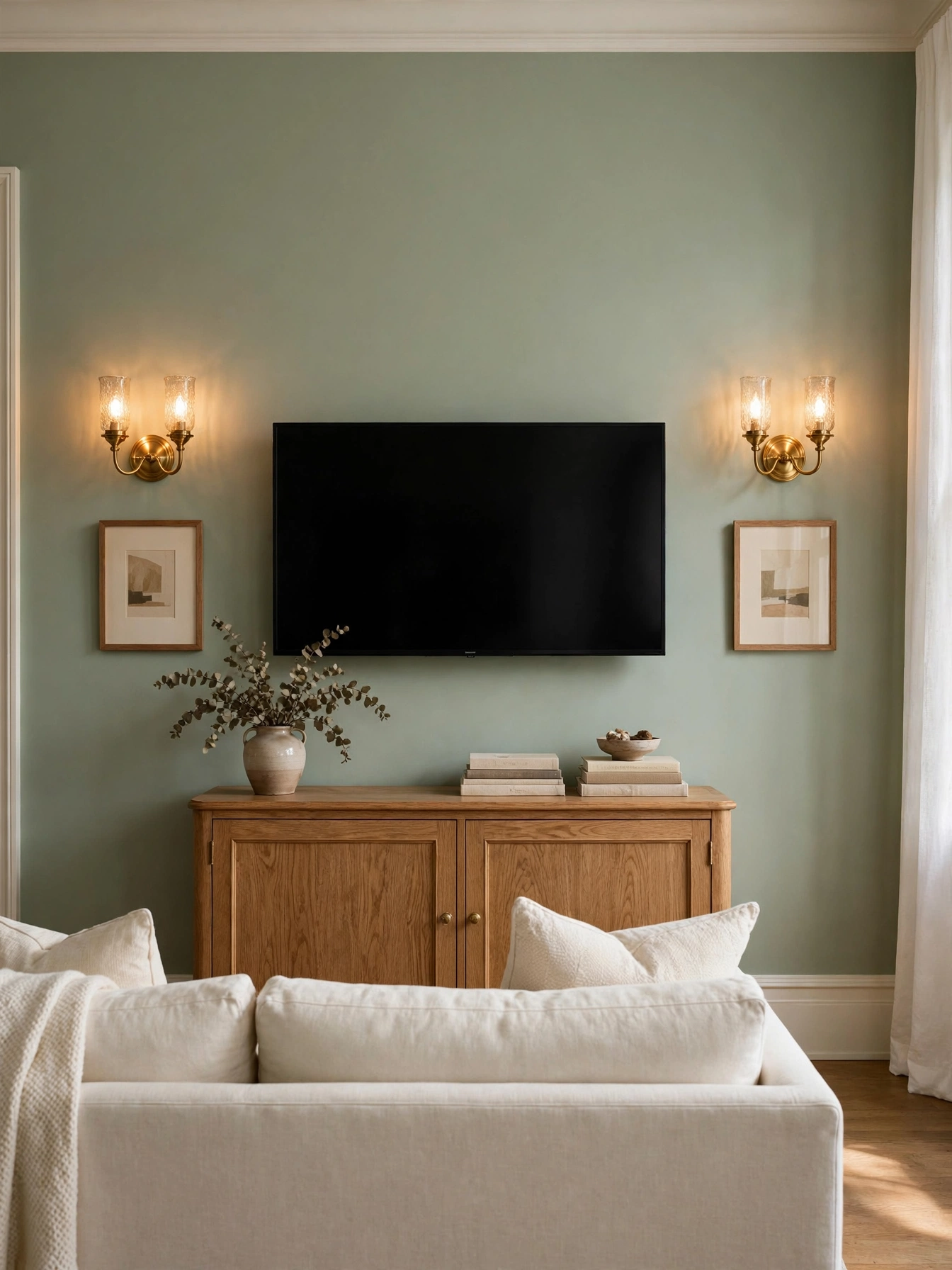 TV flanked by two brass wall sconces on a sage green wall, balanced tv wall ideas