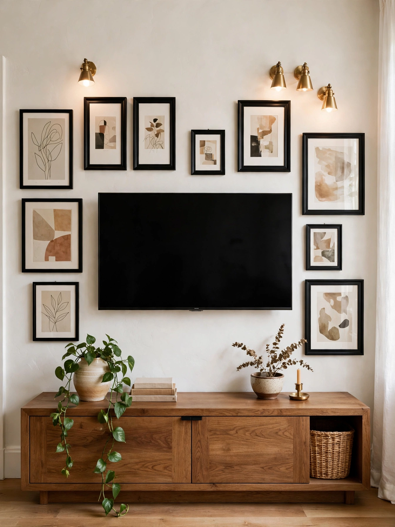 Wall-mounted TV surrounded by a curated gallery wall of framed art, artistic tv wall ideas