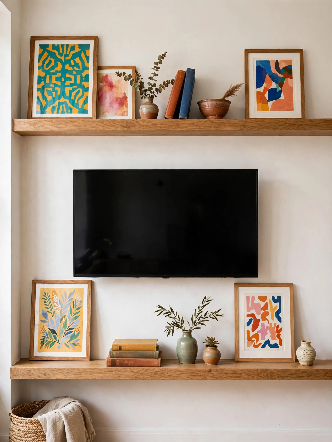 TV with picture ledges above and below holding leaning art frames, flexible tv wall ideas