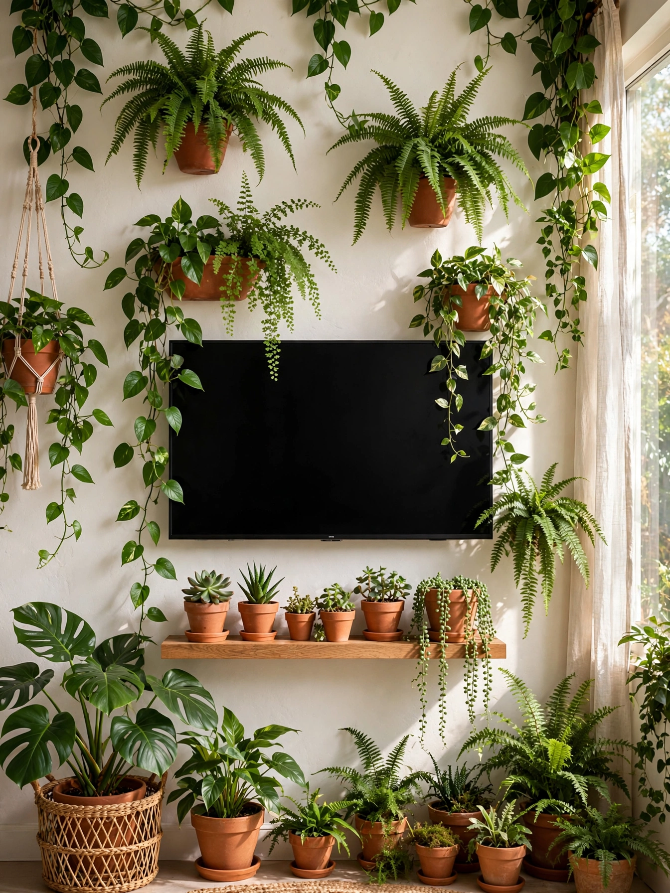 TV surrounded by lush plants on wall-mounted planters, botanical tv wall ideas