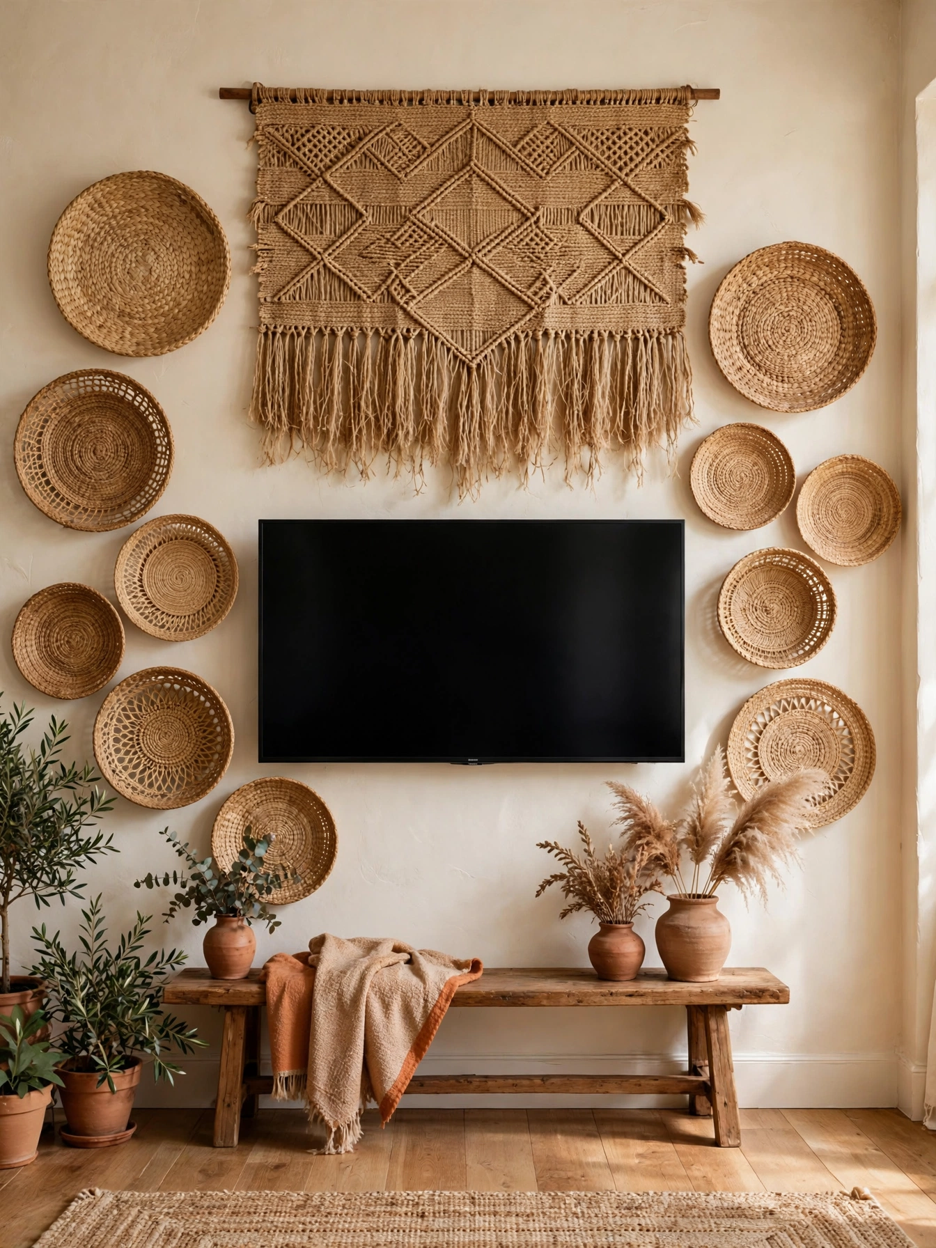TV on a seamless microcement plaster wall in warm greige, minimalist tv wall ideas