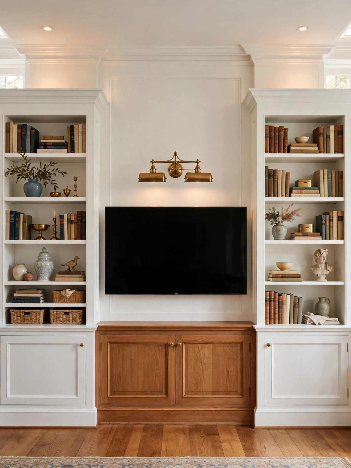 TV centered within a large terracotta painted arch on a cream wall, playful tv wall ideas