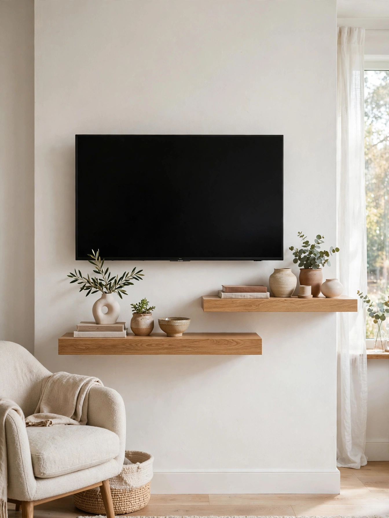 TV centered on a white horizontal shiplap wall with an oak bench, coastal tv wall ideas