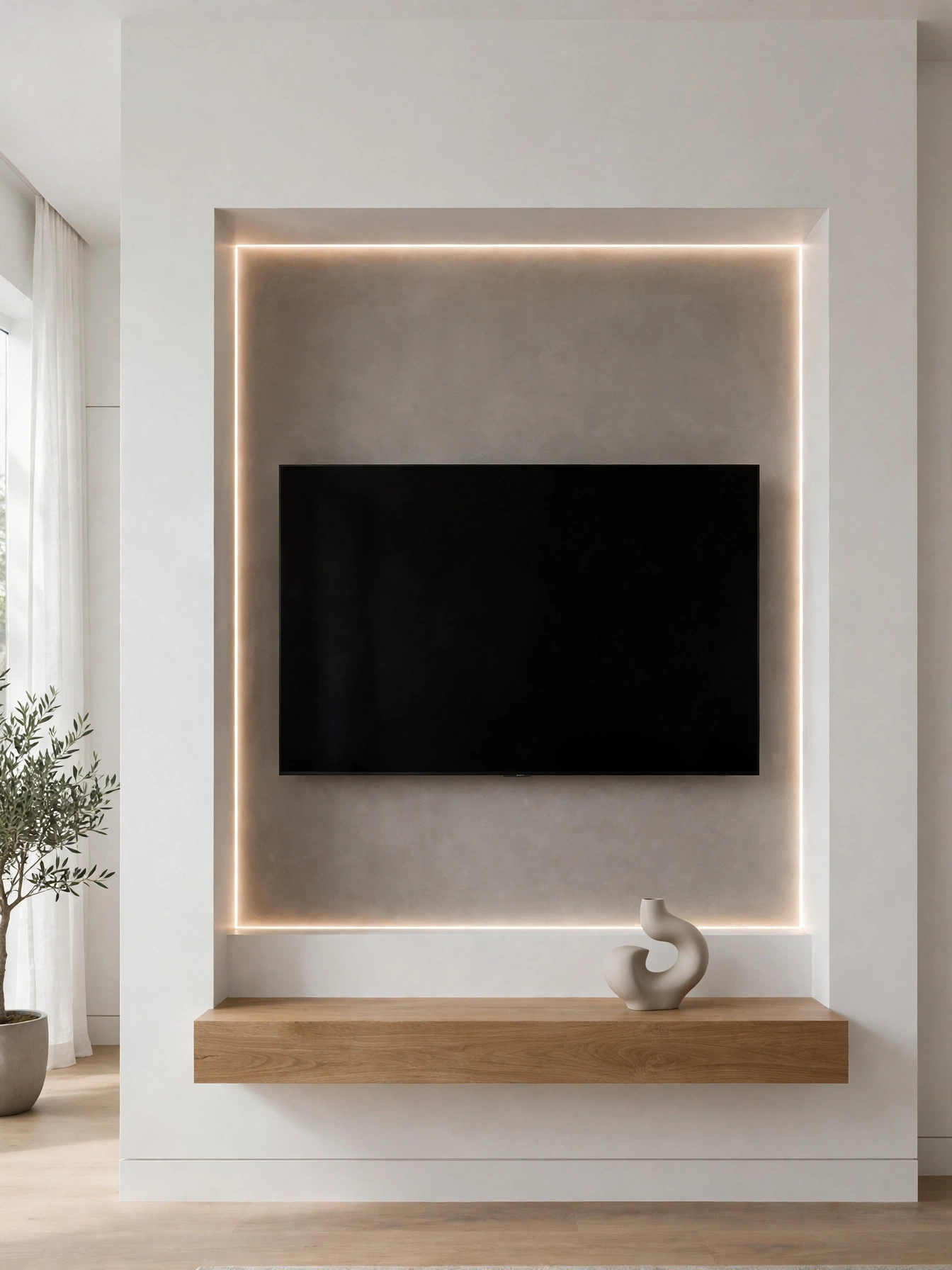 TV centered on vertical slatted wood panels with a floating oak shelf, warm tv wall ideas