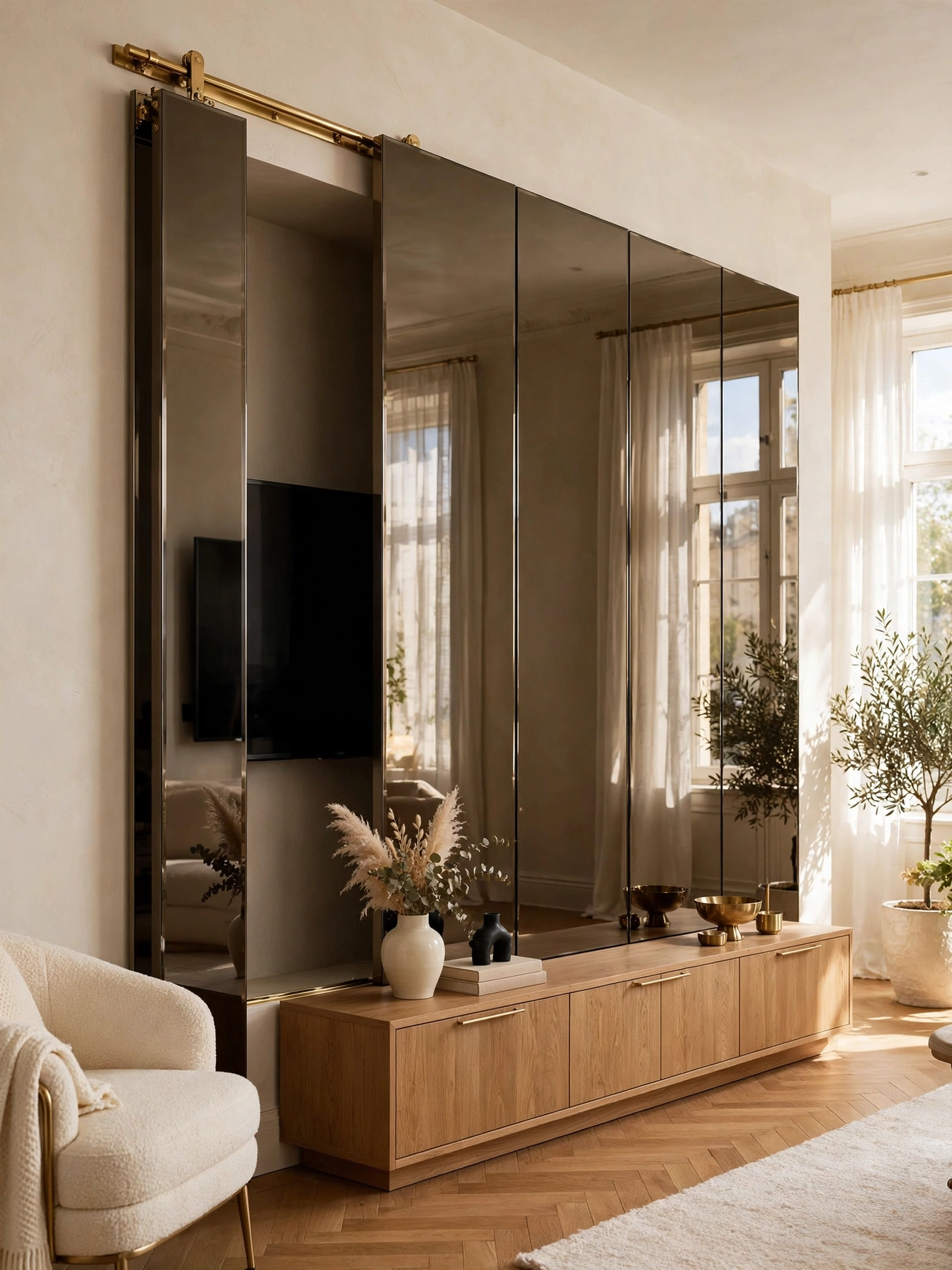 TV with sliding shoji-style wood panels partially covering the screen, serene tv wall ideas