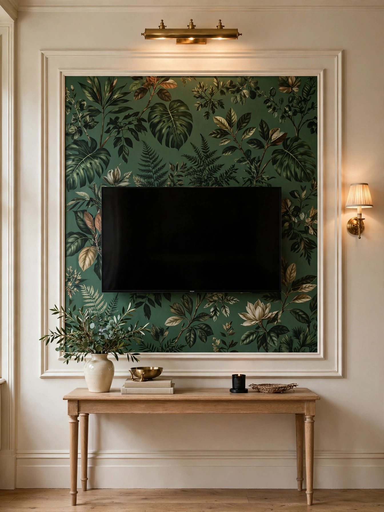 TV centered on a bold botanical wallpaper panel framed by molding, dramatic tv wall ideas