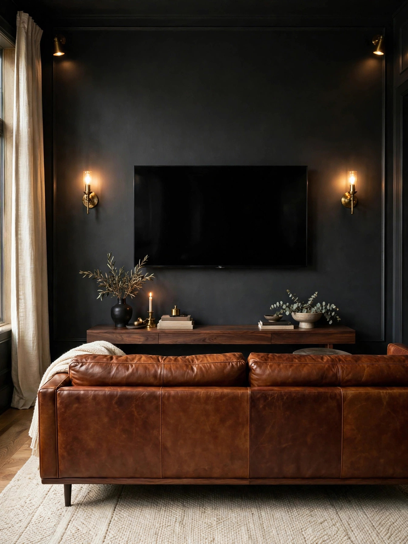 TV on a stacked stone veneer wall with a floating wood mantel, rustic tv wall ideas