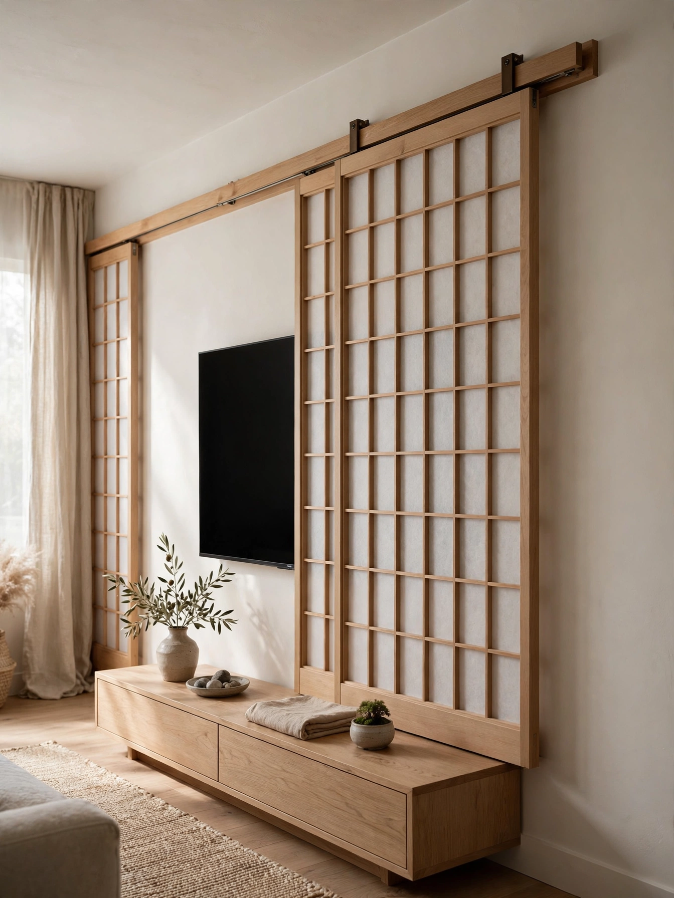 TV surrounded by woven wall baskets and a jute wall hanging, textural tv wall ideas