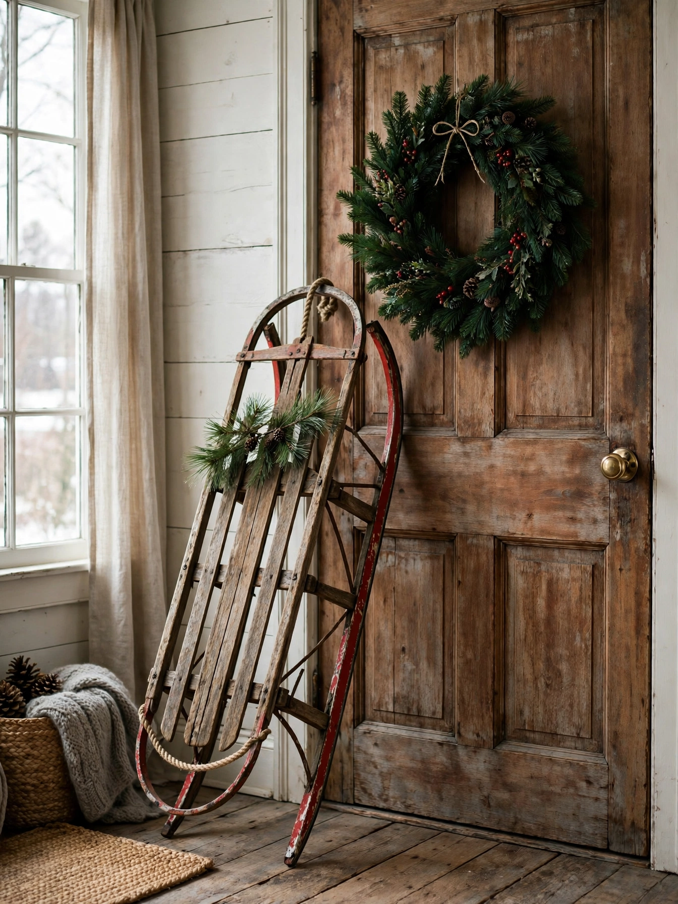 Antique wooden sled with red runners leaning against a front door with a wreath, a welcoming accent from vintage christmas decor ideas 2026