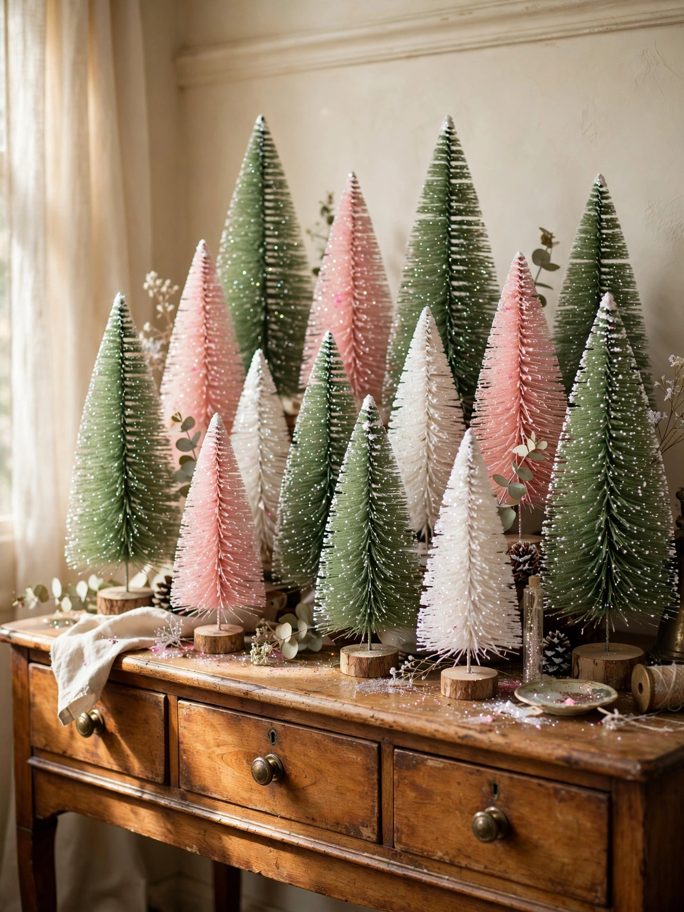 Forest of vintage bottle-brush trees in green, white and pink on a wooden sideboard, a whimsical display from vintage christmas decor ideas 2026