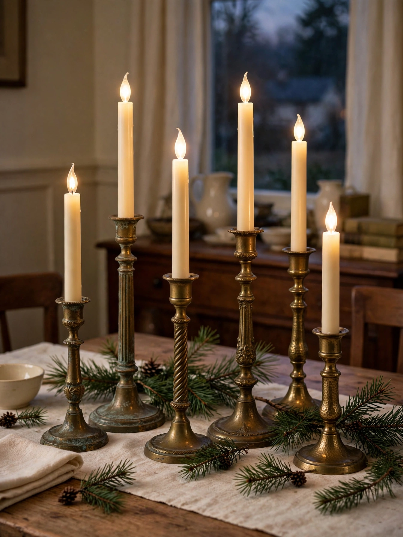 Collection of thrifted brass candlesticks in different heights on a dining table with pine sprigs, a collected glow from vintage christmas decor ideas 2026