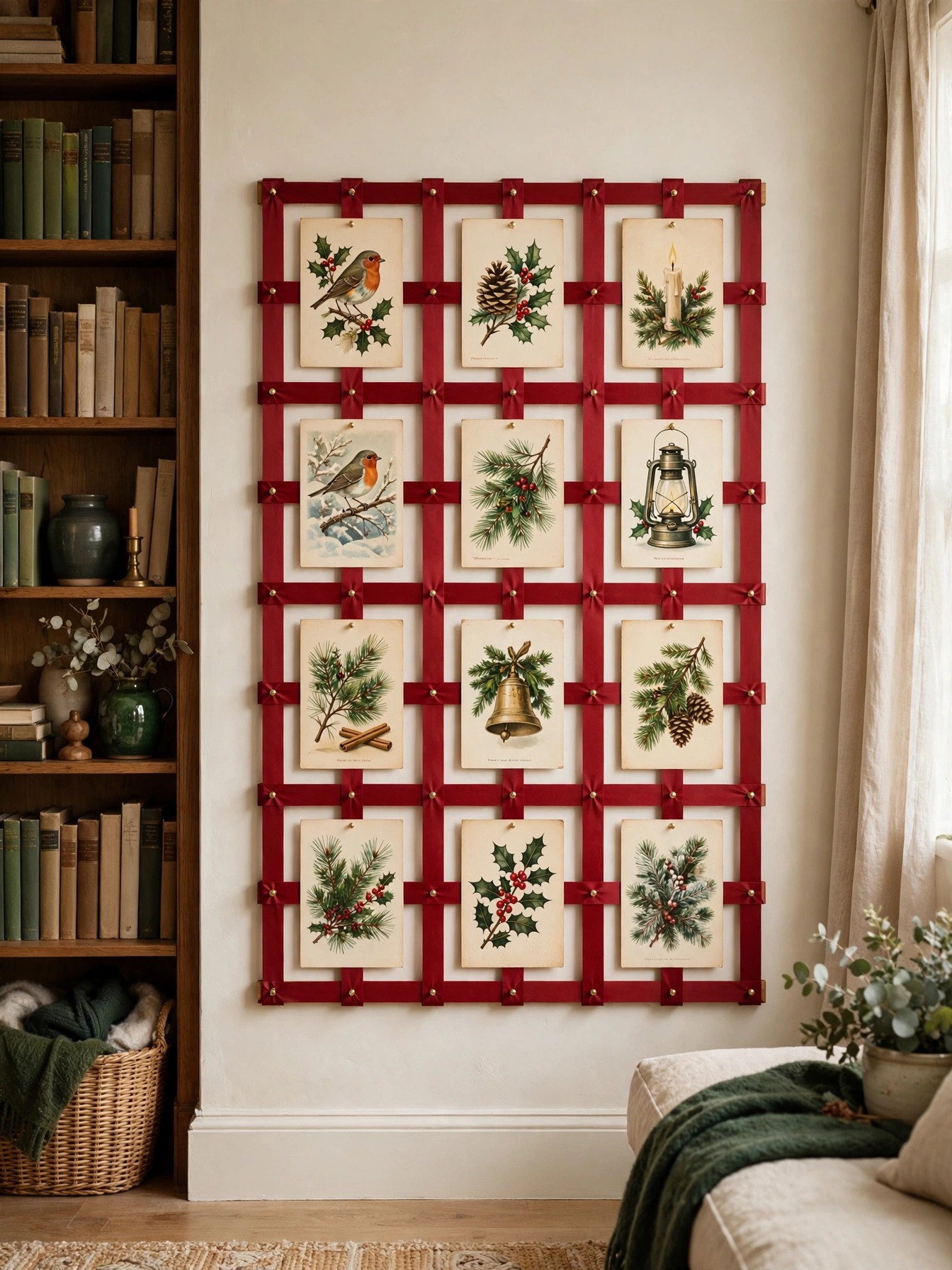 Vintage Christmas cards displayed on a ribbon board in a living room, a personal accent from vintage christmas decor ideas 2026