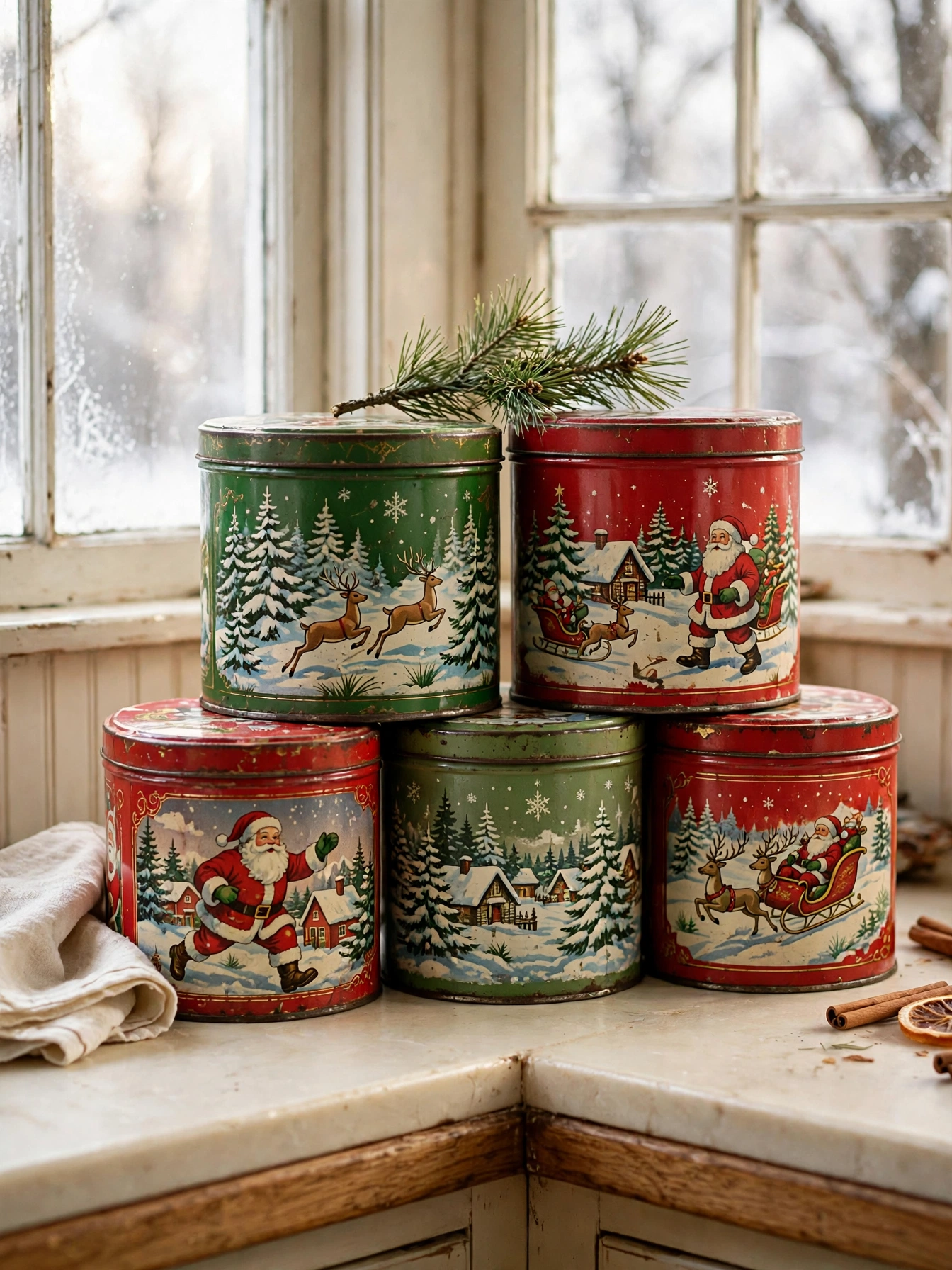 Collection of vintage Christmas cookie tins stacked on a kitchen counter with a pine sprig, a homey display from vintage christmas decor ideas 2026