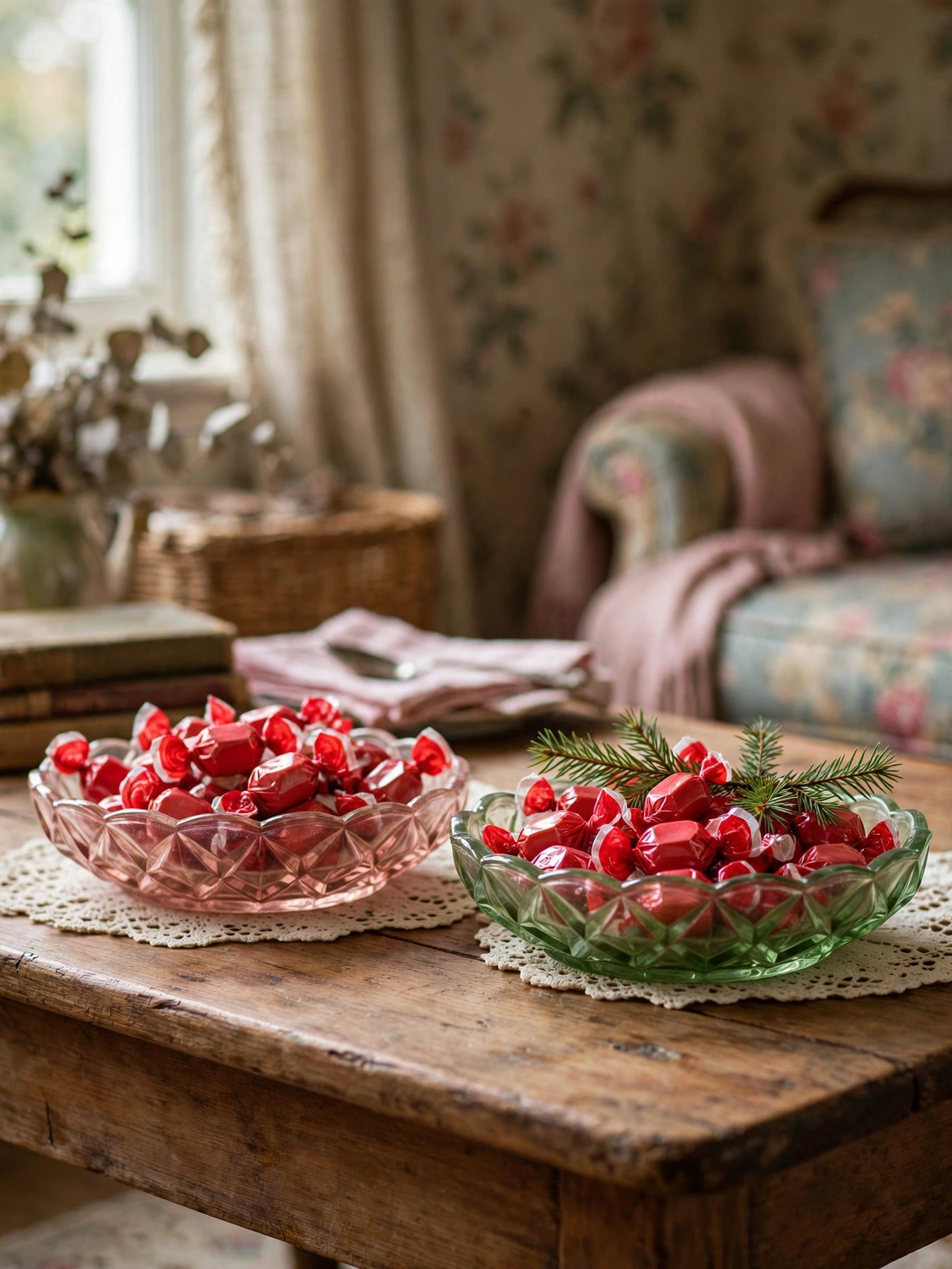 Vintage depression glass candy dishes in pink and green filled with wrapped candies on a coffee table, a sweet touch from vintage christmas decor ideas 2026
