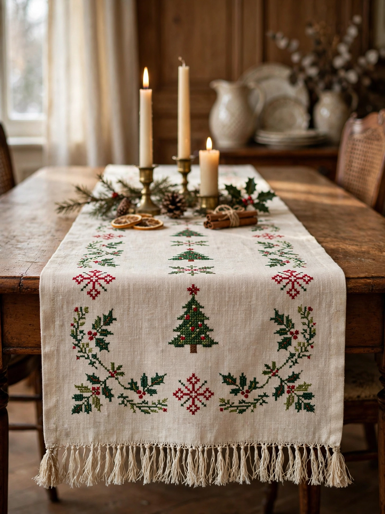Vintage embroidered linen table runner with red and green cross-stitch motifs on a dining table, an elegant detail from vintage christmas decor ideas 2026