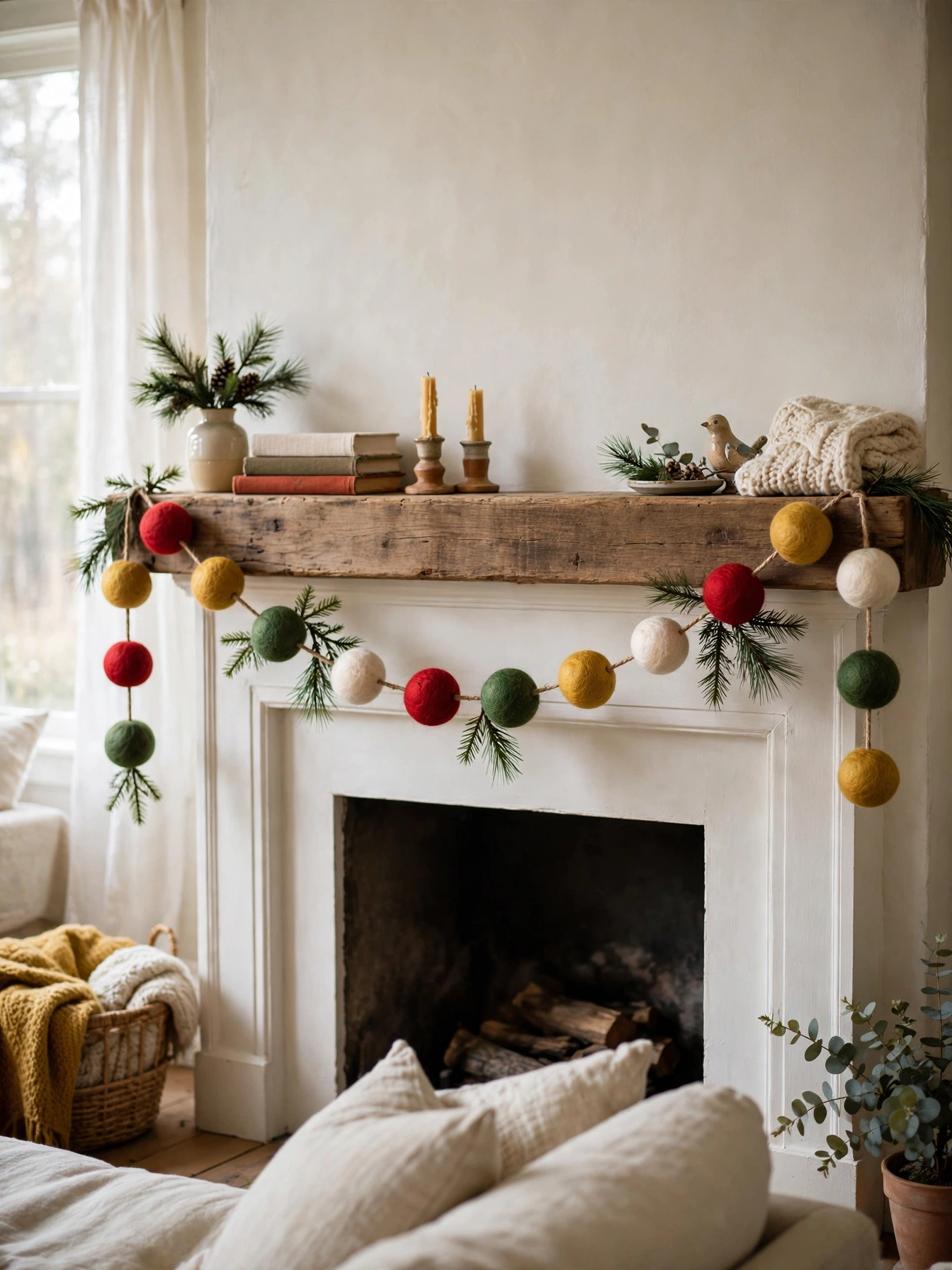 Garland of colorful wool felt balls strung across a mantel, a handmade accent from vintage christmas decor ideas 2026