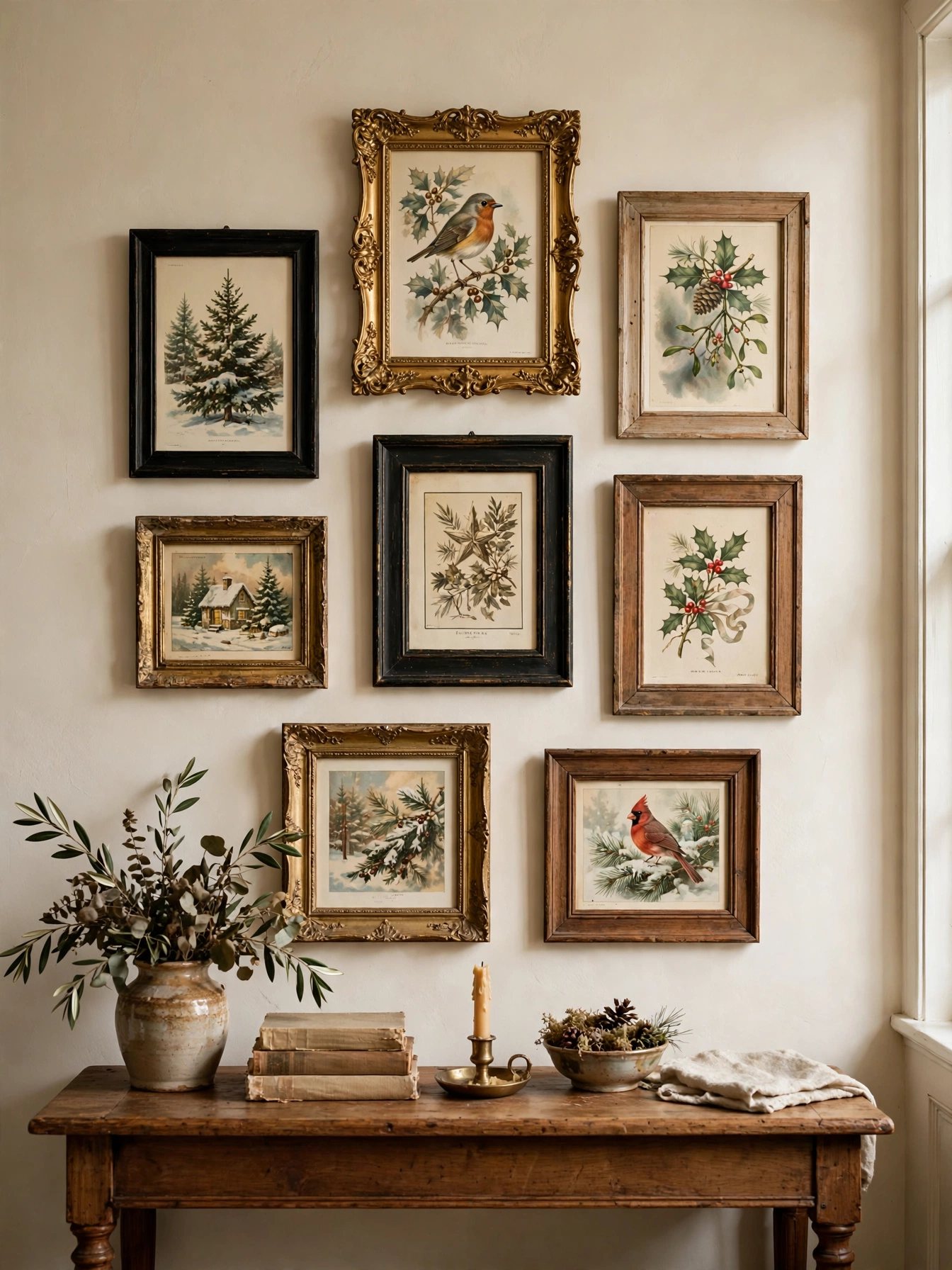Gallery wall of mismatched vintage frames holding Christmas prints and postcards, a collected look from vintage christmas decor ideas 2026