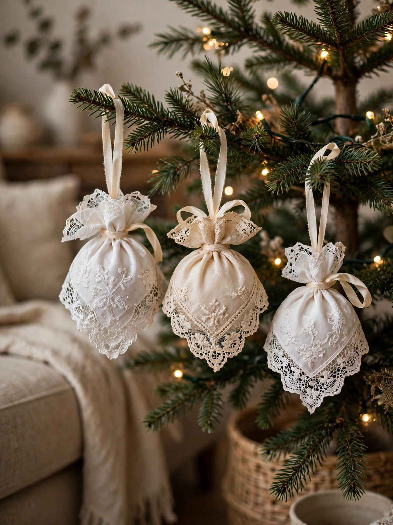 Three Christmas ornaments made from vintage lace handkerchiefs hanging on a small tree, a delicate detail from vintage christmas decor ideas 2026