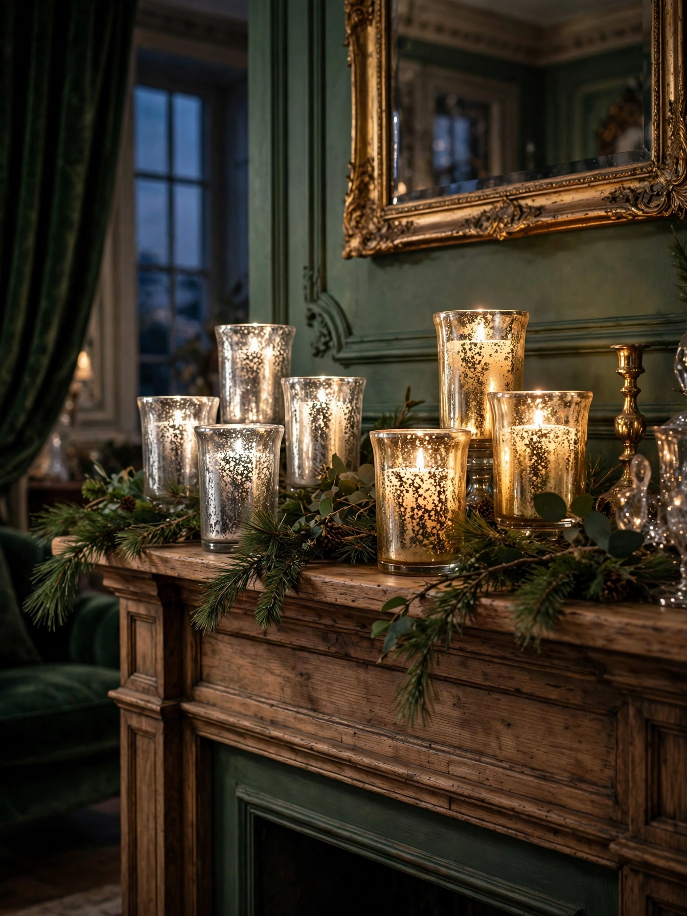 Vintage mercury glass candle holders in silver and gold on a wooden mantel with pine sprigs, a sparkling look from vintage christmas decor ideas 2026