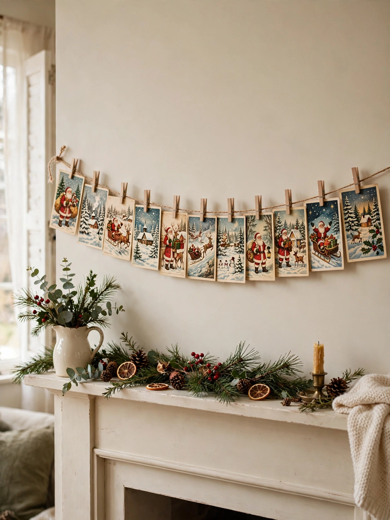 Garland of vintage Christmas postcards strung on twine across a mantel, a storied accent from vintage christmas decor ideas 2026
