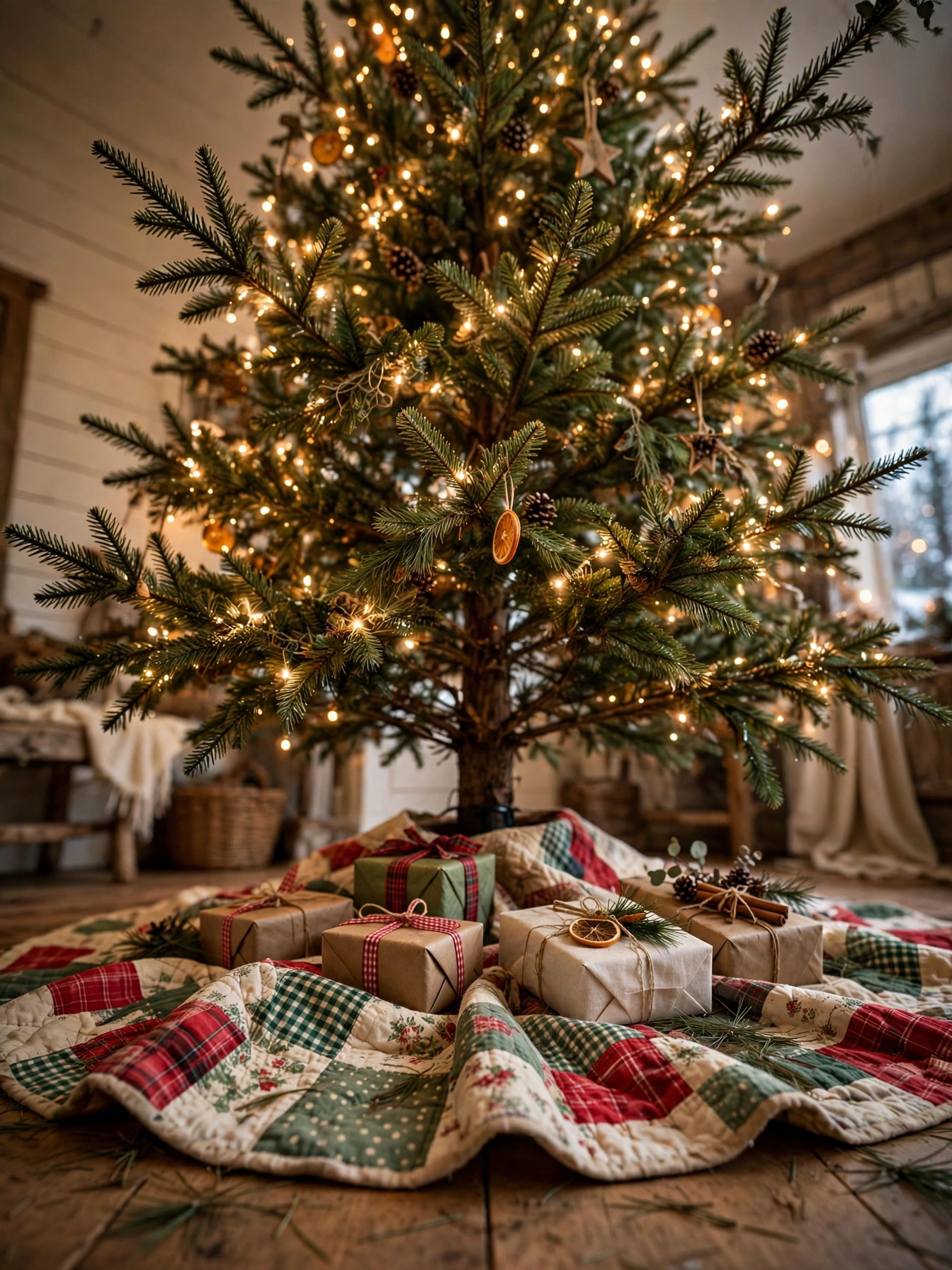 Christmas tree with a vintage patchwork quilt in red and green squares used as a tree skirt, an heirloom touch from vintage christmas decor ideas 2026