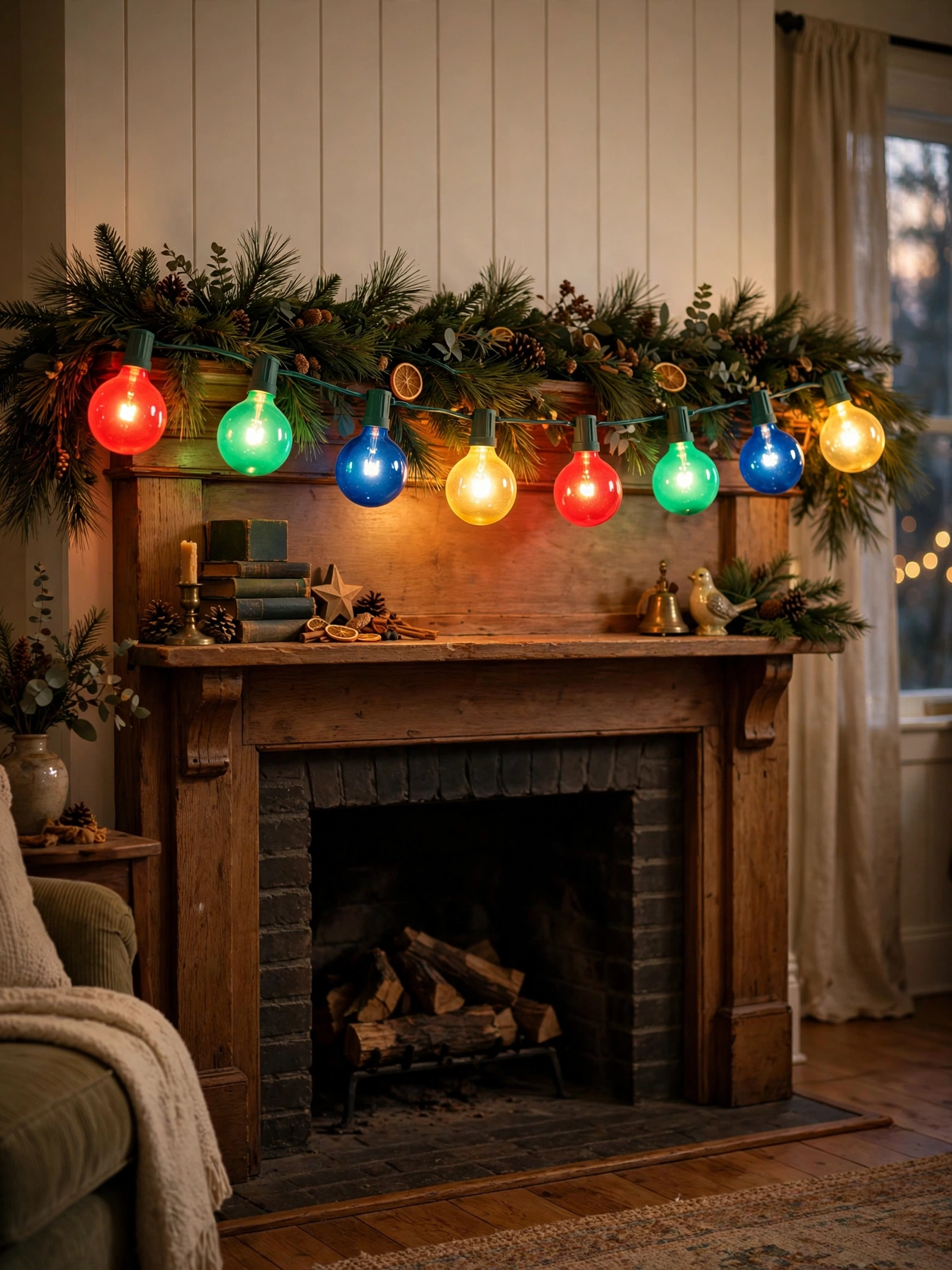 Large retro C9 string lights in multicolor glowing along a mantel with pine garland, a cheerful glow from vintage christmas decor ideas 2026