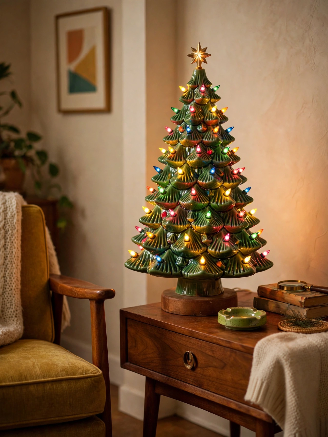 Vintage green ceramic Christmas tree with colorful plastic lights glowing on a side table, a cheerful classic from vintage christmas decor ideas 2026