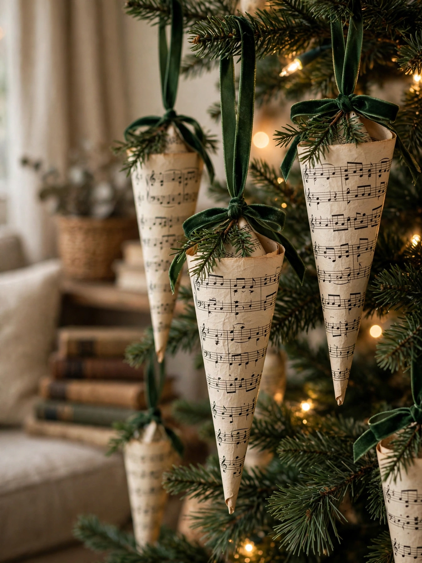 Tree ornaments made from rolled vintage sheet music cones hanging on a Christmas tree, a literary accent from vintage christmas decor ideas 2026