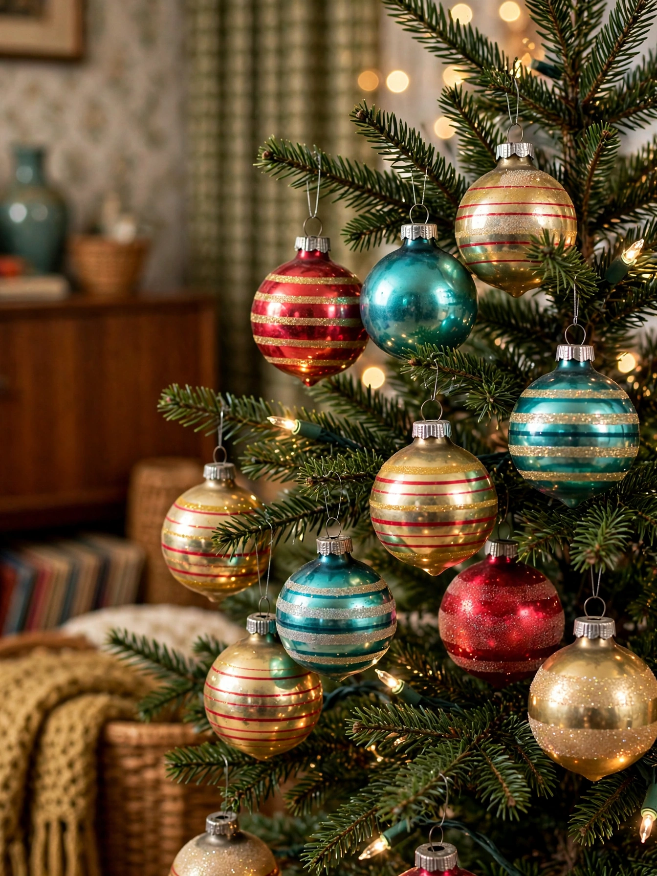 Vintage Shiny Brite glass ornaments in red, teal and gold hanging on a small green tree, a nostalgic favorite among vintage christmas decor ideas 2026