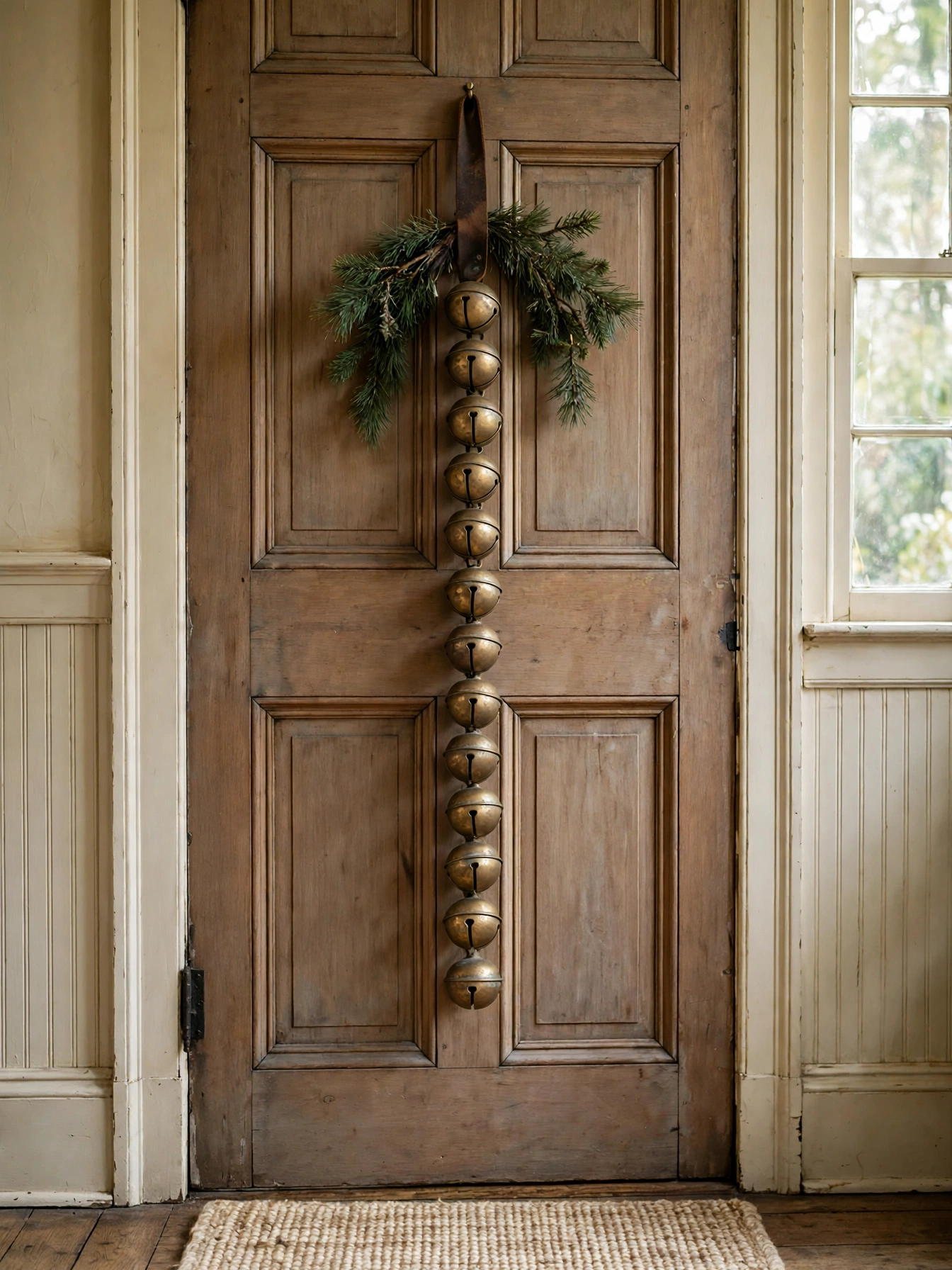 Strand of vintage brass sleigh bells on a leather strap hanging on a front door with a pine sprig, a welcoming sound from vintage christmas decor ideas 2026