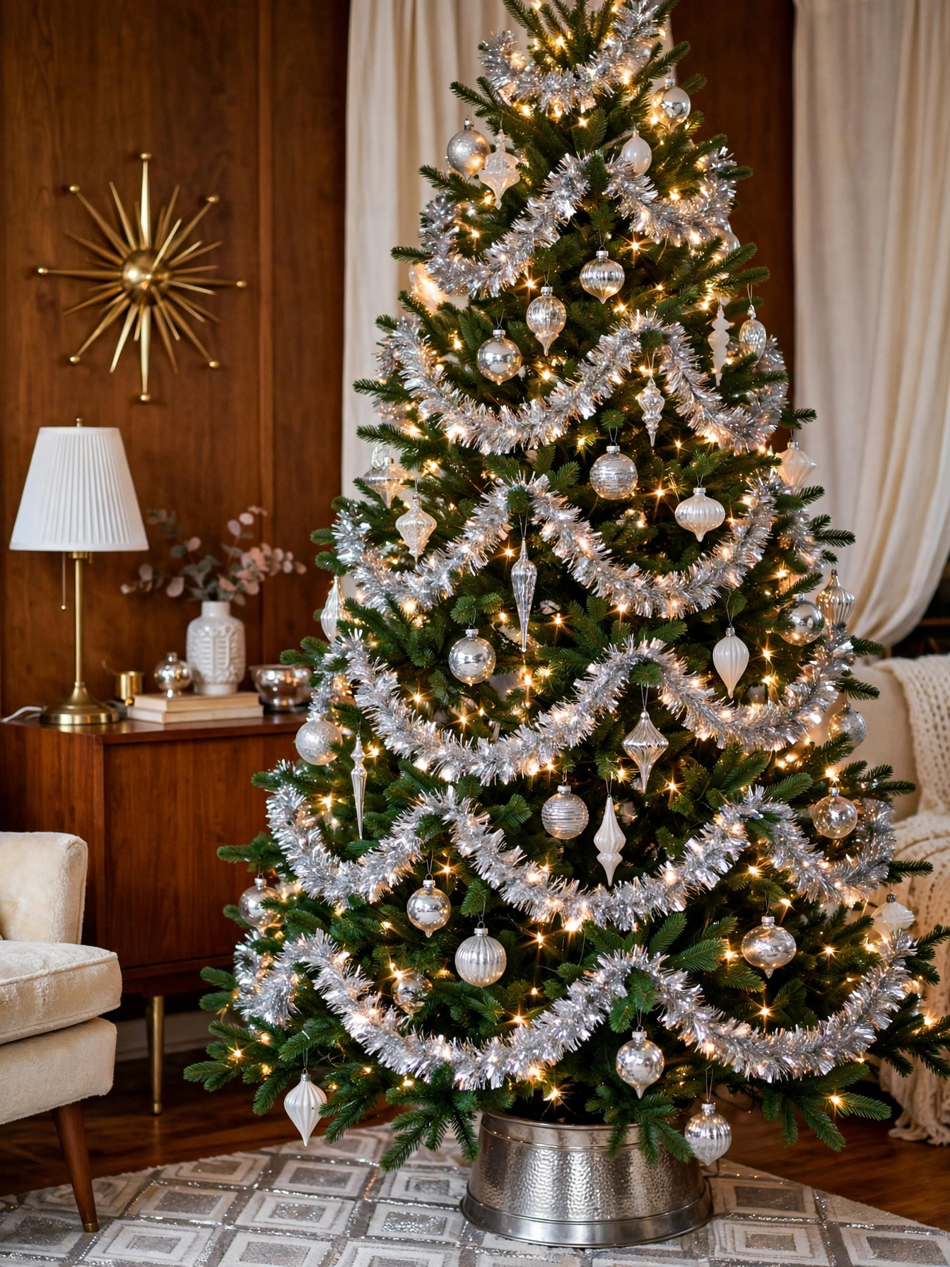 Christmas tree draped with shimmering silver tinsel garland under warm lights, a retro glow from vintage christmas decor ideas 2026