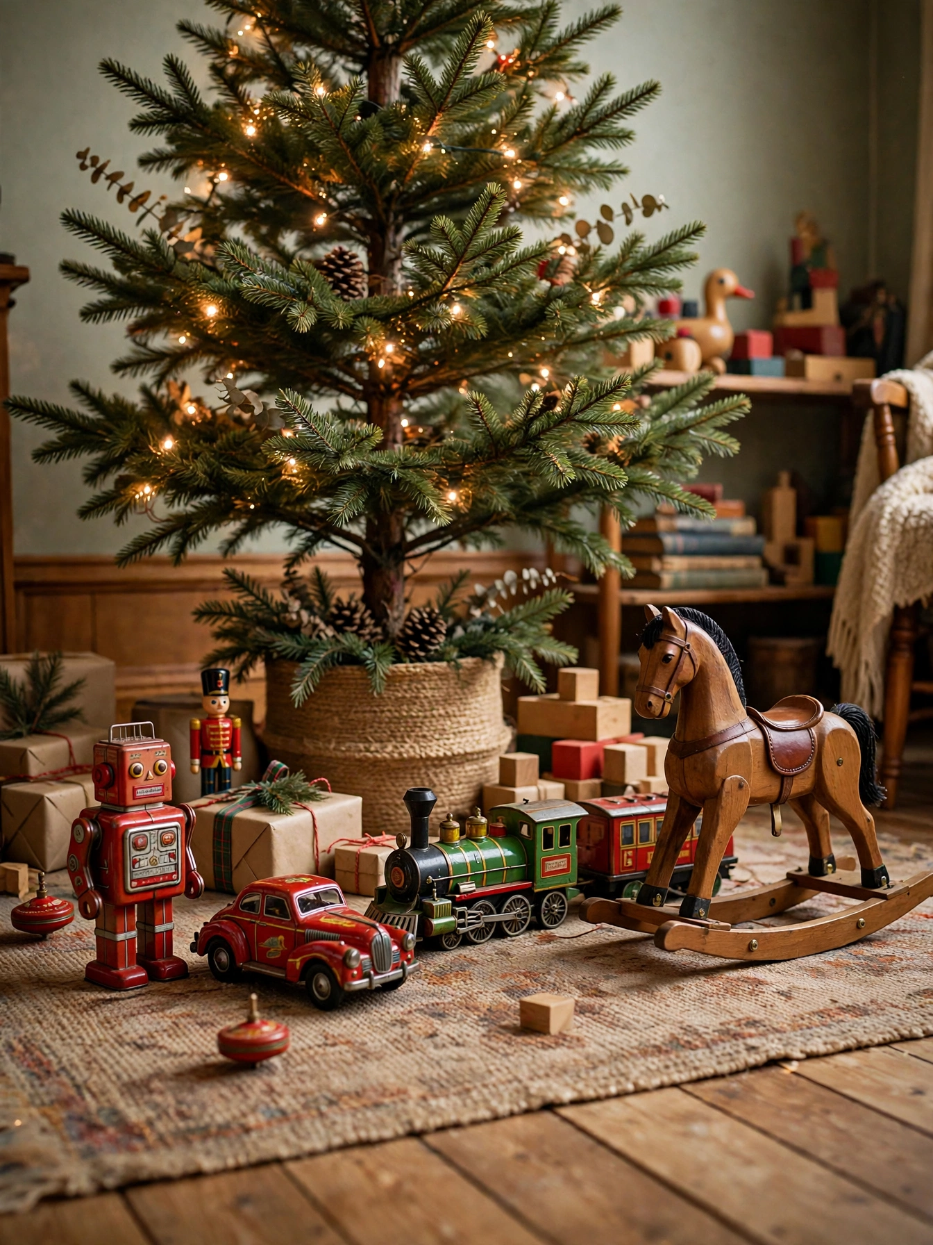 Vintage tin toys, a toy train and a rocking horse arranged under a small Christmas tree, a playful scene from vintage christmas decor ideas 2026