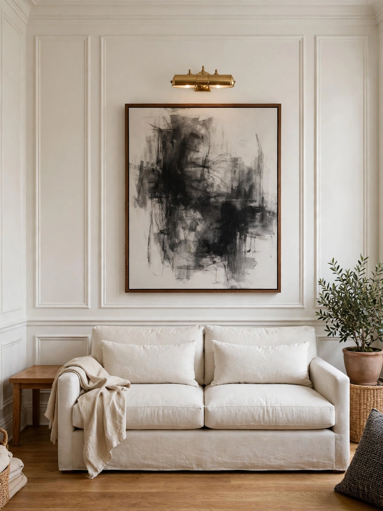 Correctly scaled art spanning two-thirds of a sofa, proof of why furniture scale matters in living rooms