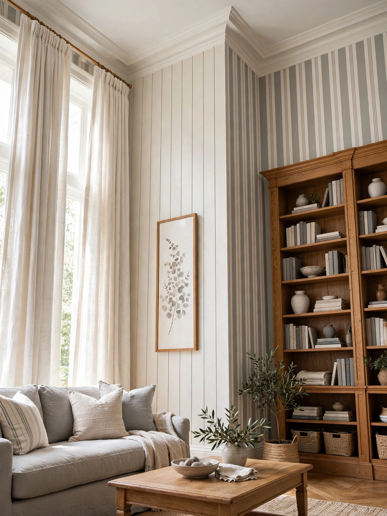 Vertical lines emphasizing ceiling height, a tall-room trick showing why furniture scale matters in living rooms