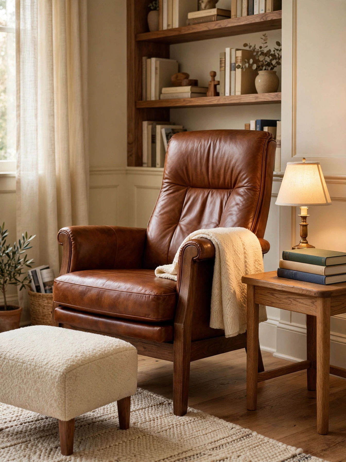 Reading chair with ideal seat depth and footstool, an ergonomic case for why furniture scale matters in living rooms
