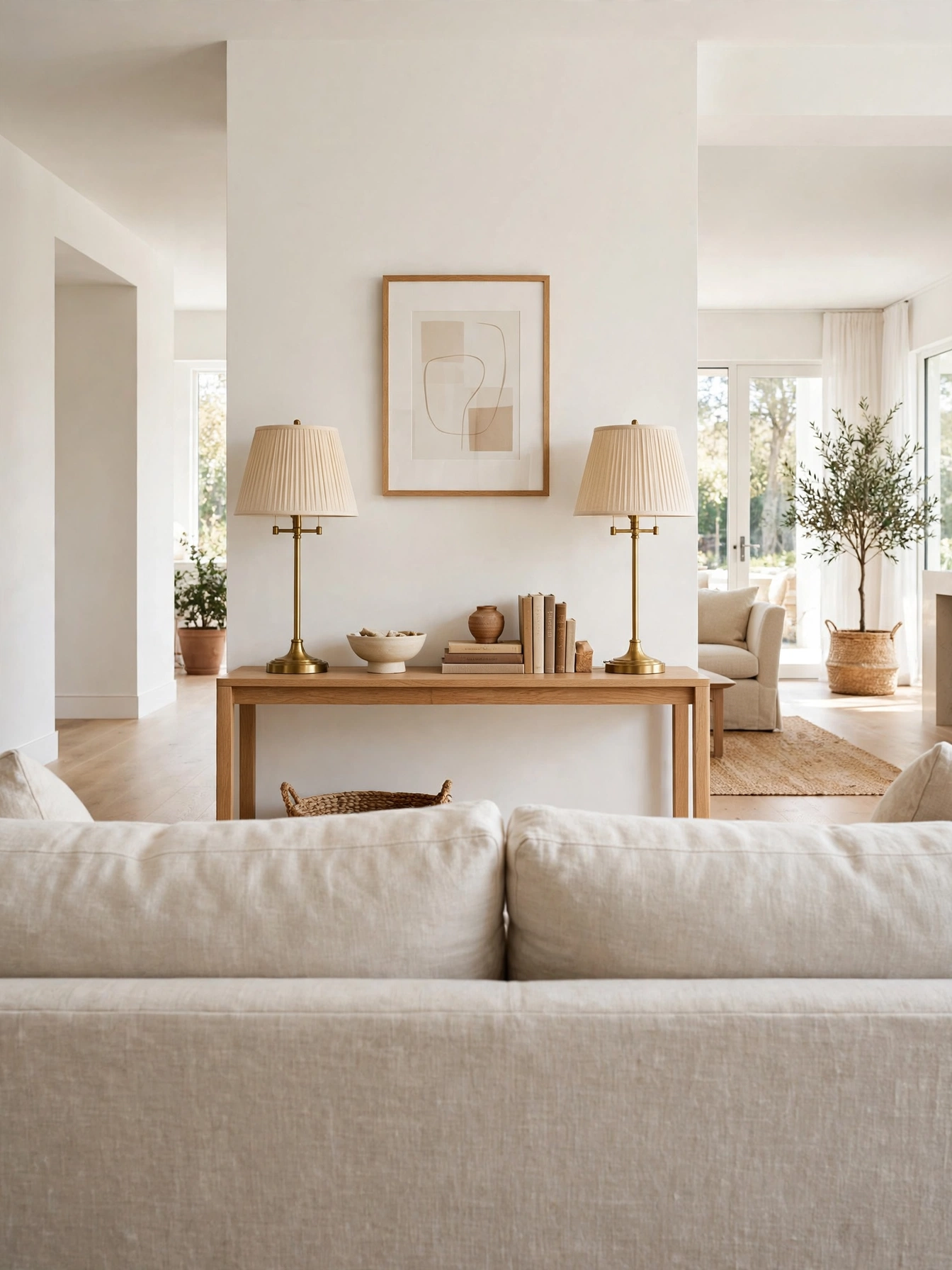 Slim console table behind a sofa at correct depth, an airy case for why furniture scale matters in living rooms