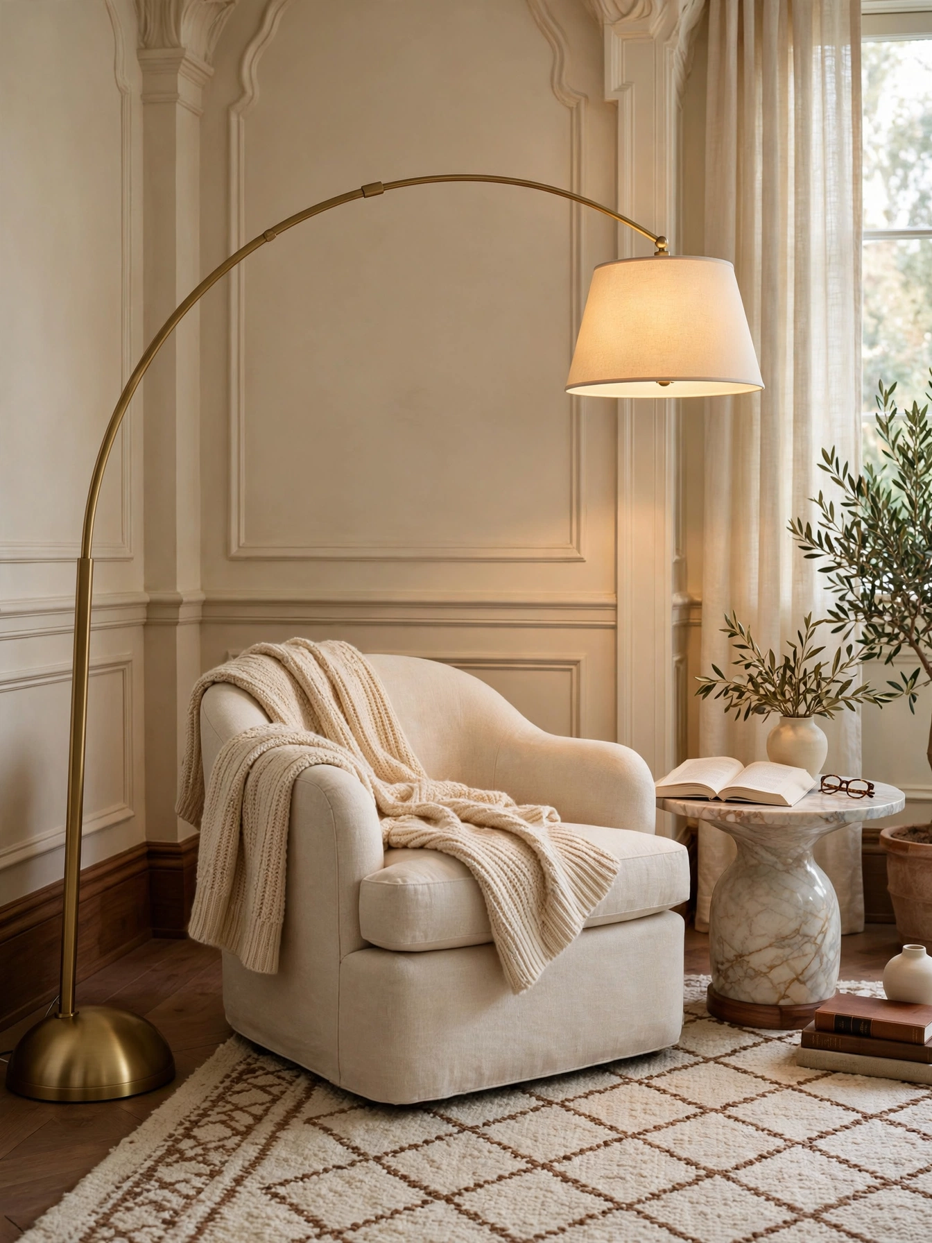Arc floor lamp with shade centered over a chair, a precise example of why furniture scale matters in living rooms