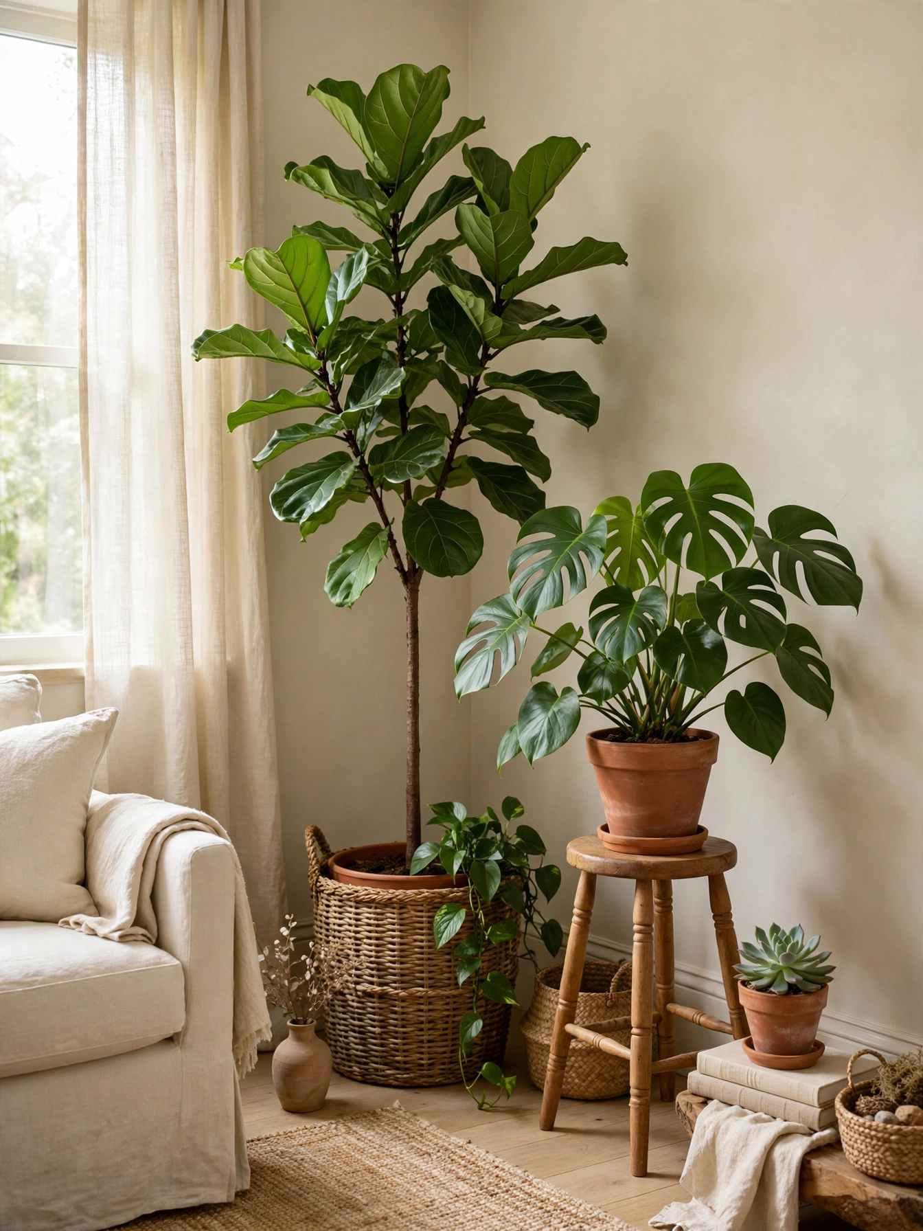 Plants layered at three heights in a corner, a lush illustration of why furniture scale matters in living rooms