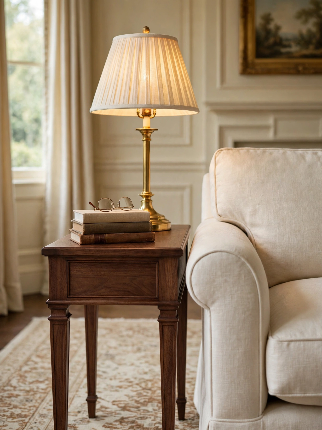 Side table level with a sofa arm, a small detail proving why furniture scale matters in living rooms