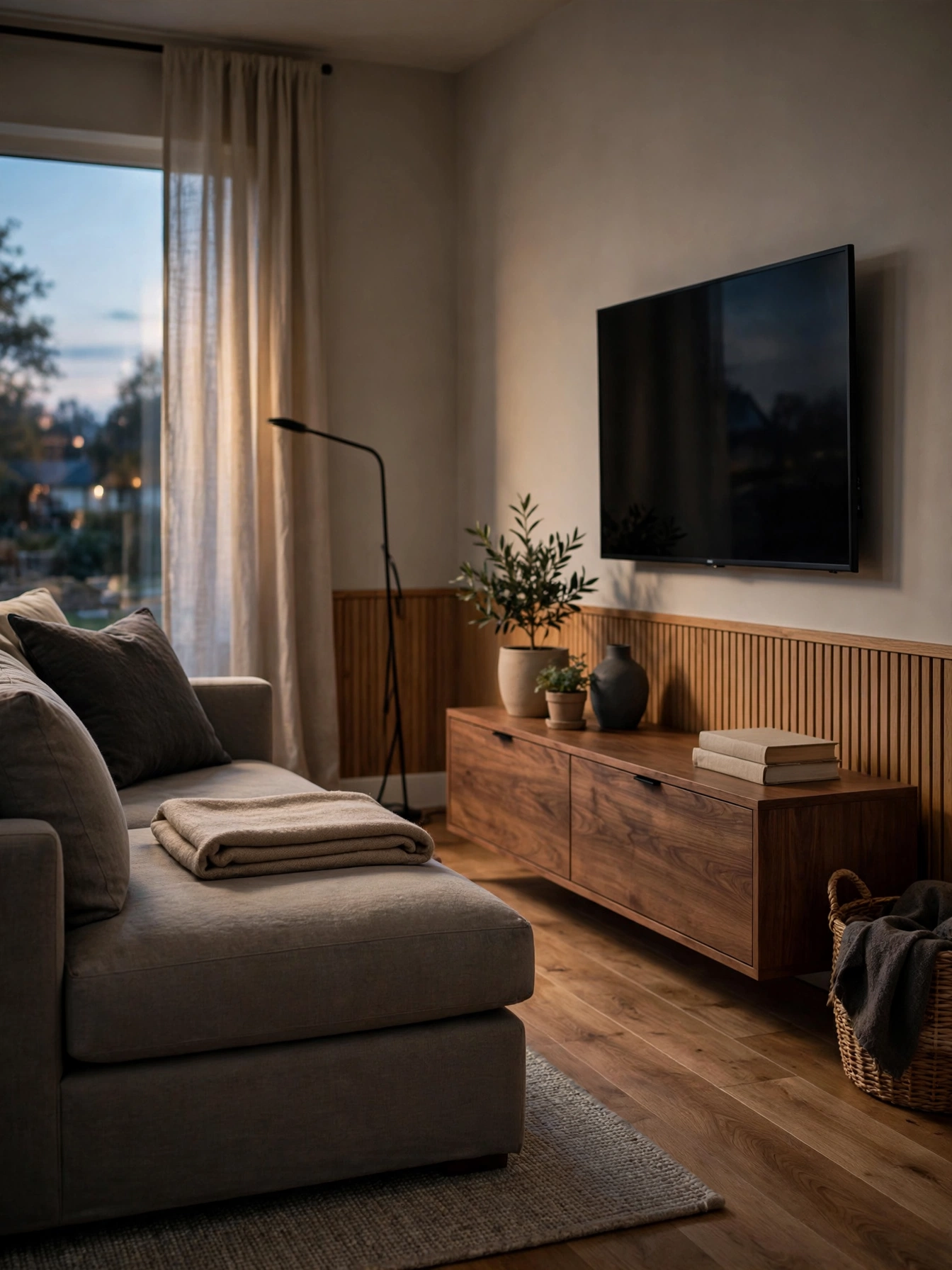 TV mounted at correct height and distance from a sofa, a cinematic reason why furniture scale matters in living rooms